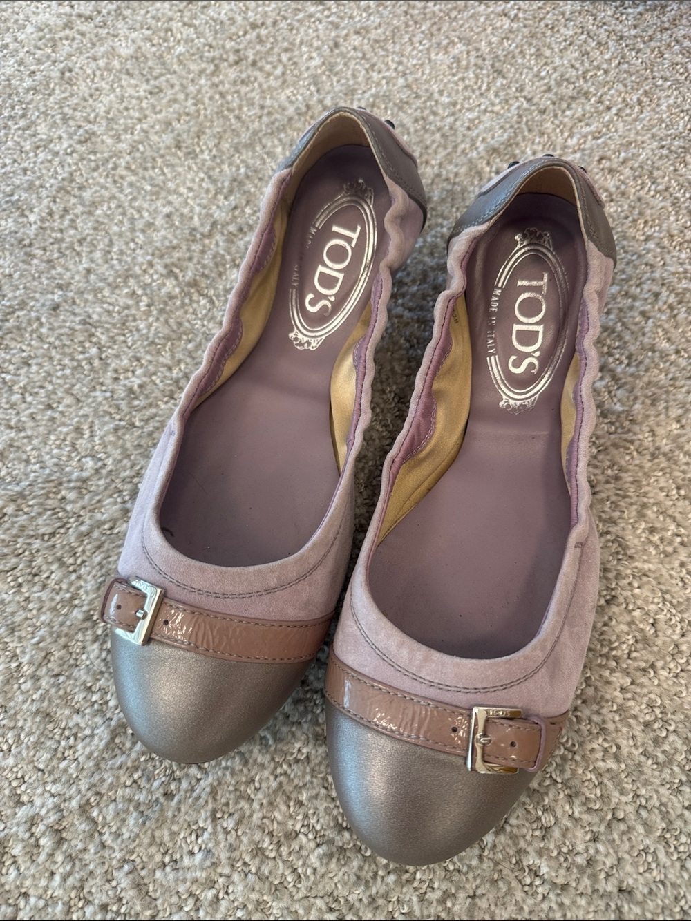 TOD'S Mauve Suede and Taupe Leather Ballet Flats with Buckle Sz EU 37